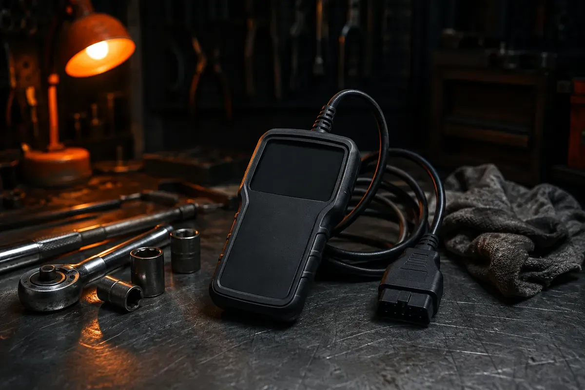 Valise de diagnostic OBD posée sur un établi d'atelier, cliquet et douilles à côté, lampe orange allumée