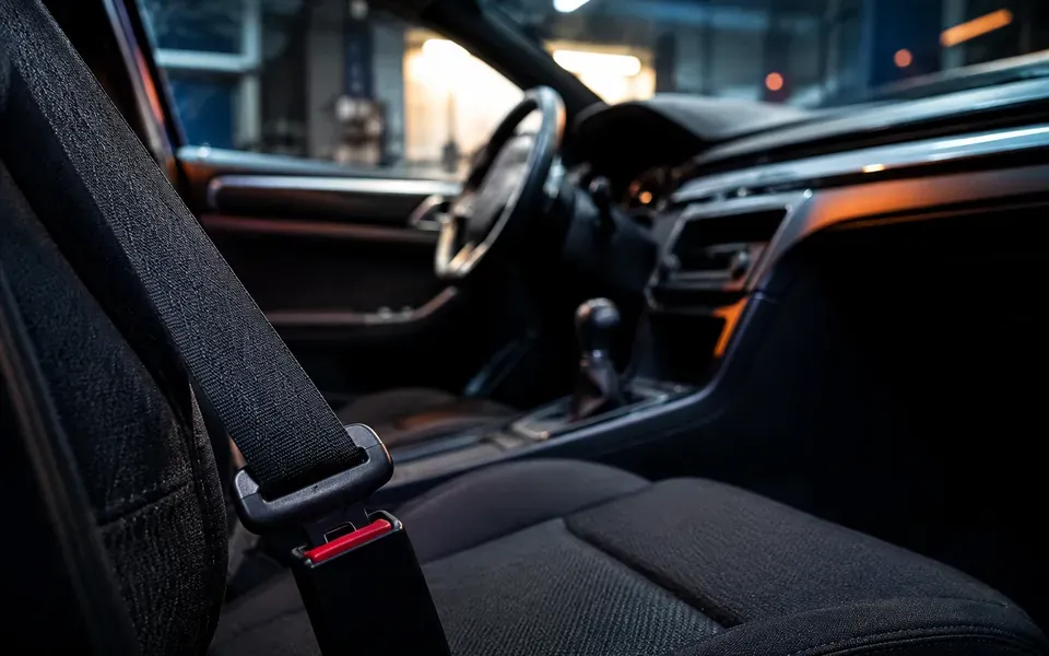 Habitacle d'une voiture, ceinture bouclée