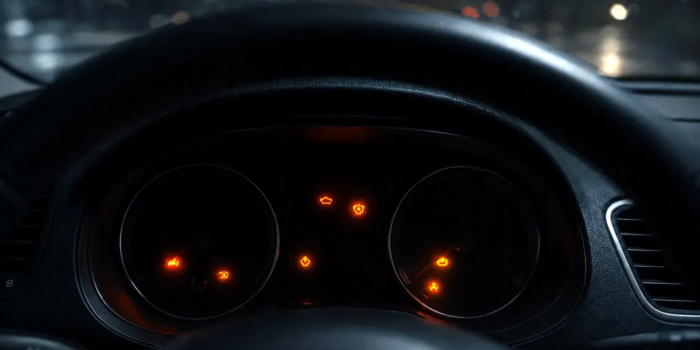 Tableau de bord éteint la nuit, six témoins orange allumés derrière le volant